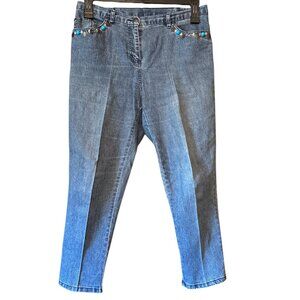 Ruby Rd. Petite Blue Denim Jeans Elastic Turquoise Bead Silver Size 8P